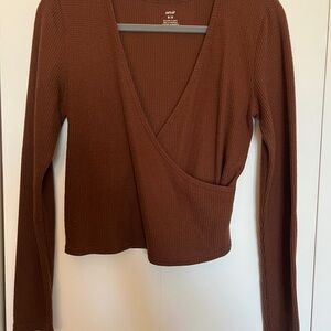 aerie Chocolate Brown Ribbed Wrap Crop Top